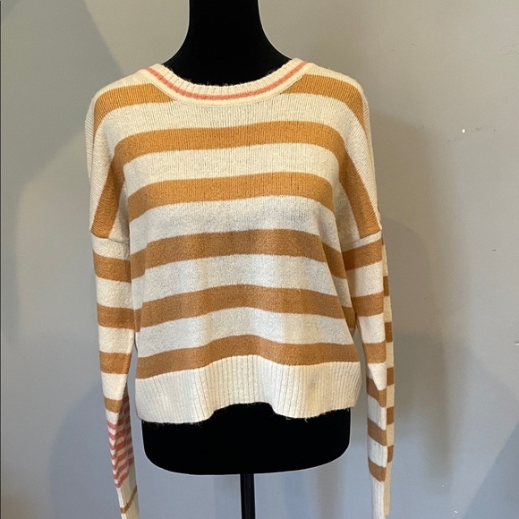 Freshman Sweaters - Striped Cream- mustard crewneck Sweater with pink at neck & sleeve